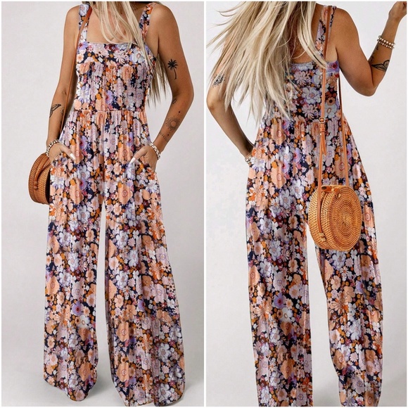 Boho Floral Print Smocked Bodice Wide Leg Jumpsuit - Picture 2 of 5